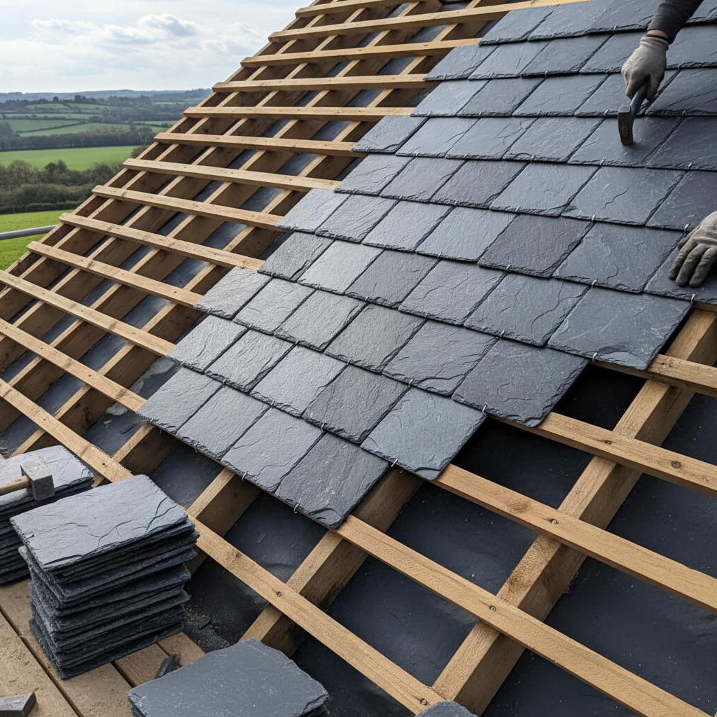 Roof tiles and roofing materials on a pitched roof of a house