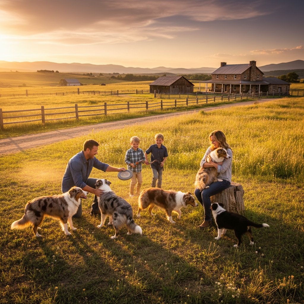 Ranch family with their Australian Shepherds on the property at golden hour