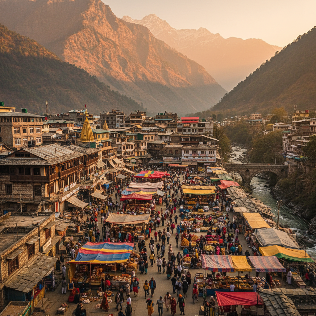 Pahalgam town market with traditional Kashmiri wooden shops and mountain backdrop