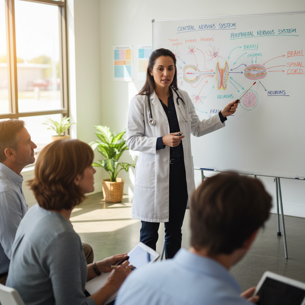 Dr. Priya Nair at a whiteboard explaining nervous system pathways to a group of patients