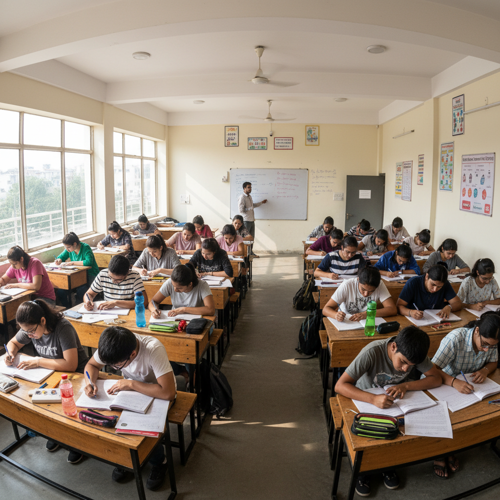 Students engaged in a classroom lesson with teacher at the whiteboard