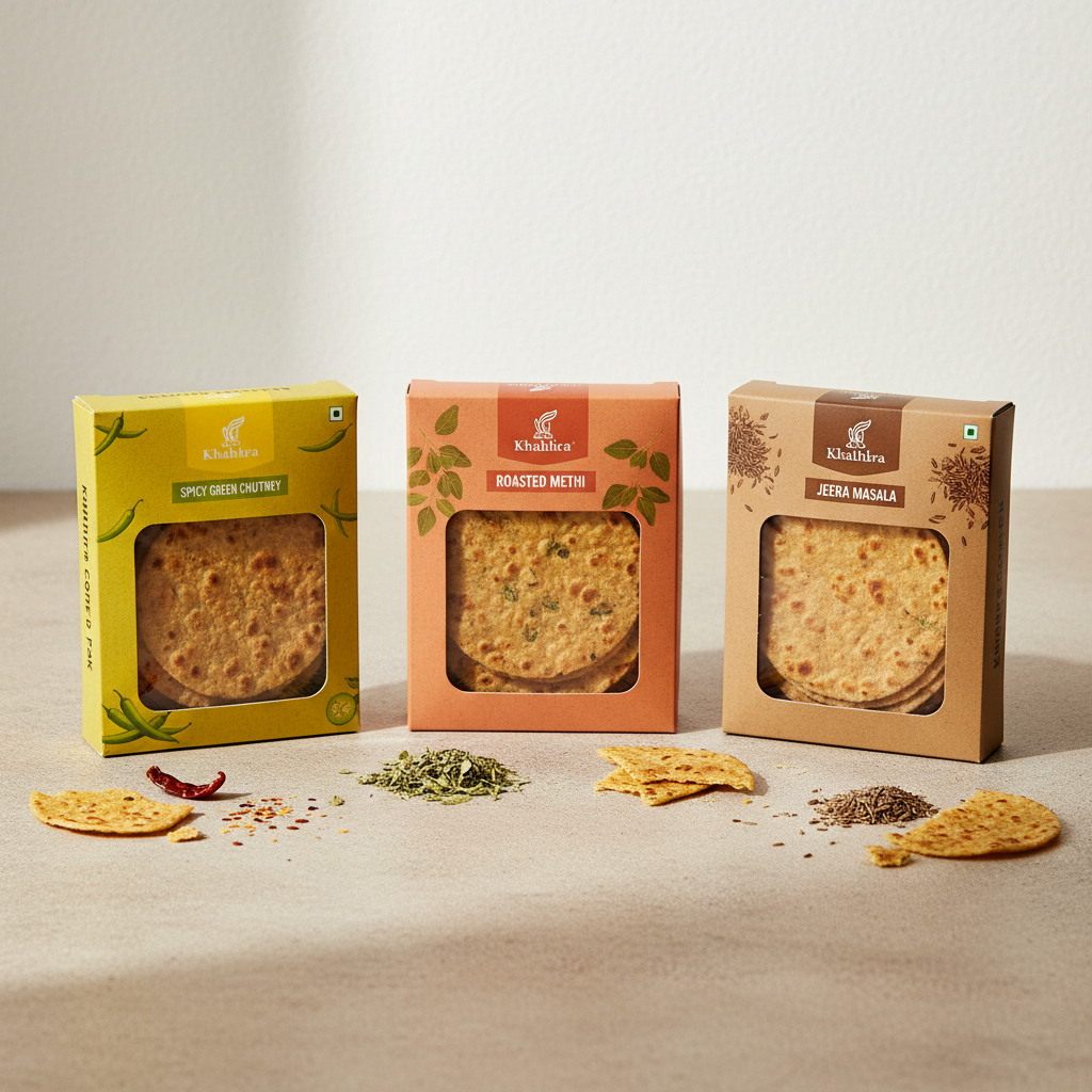 Crispy Gujarati khakhra and bhakhri flatbread snacks in various flavors
