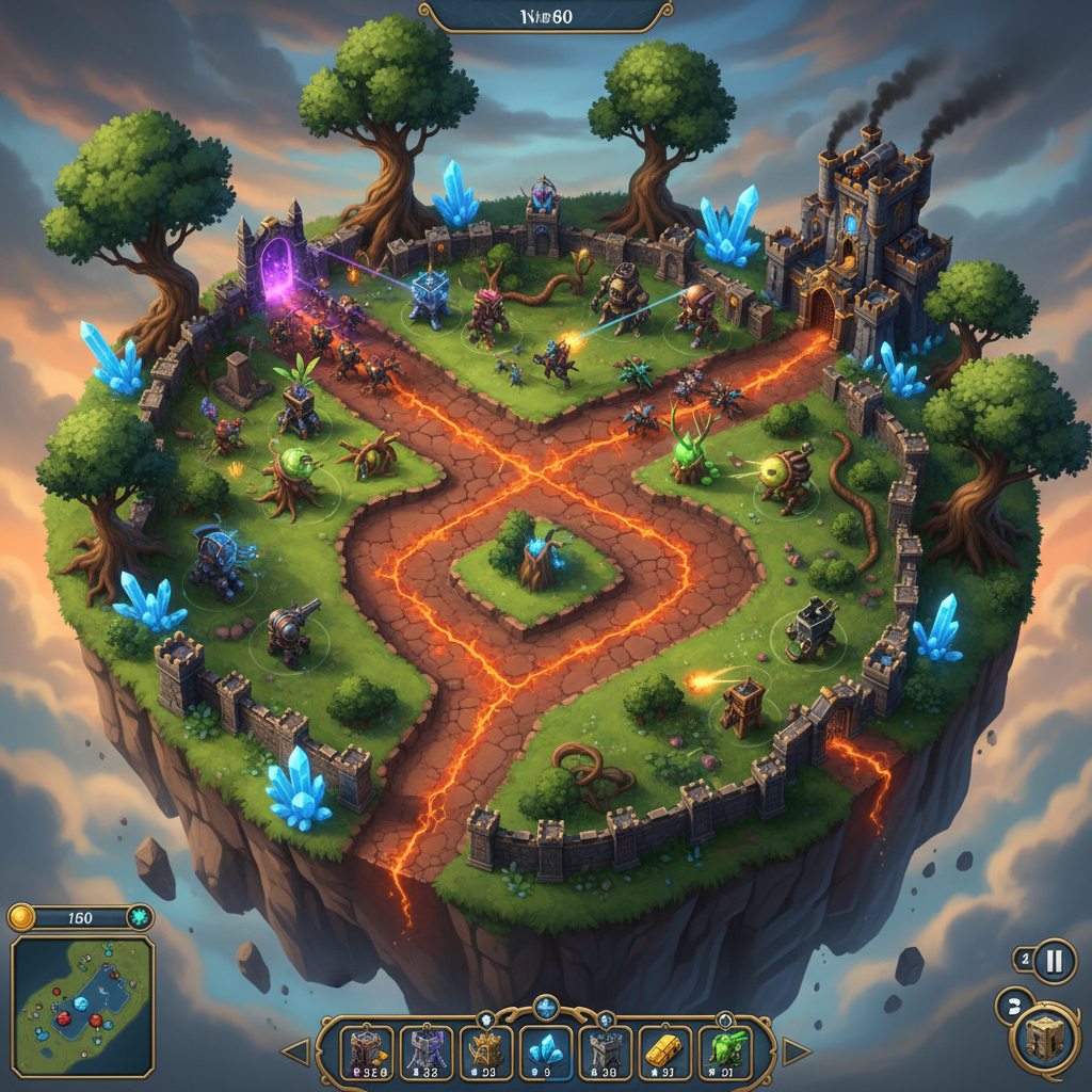 Strategic tower defense map with glowing defensive turrets blocking enemy paths