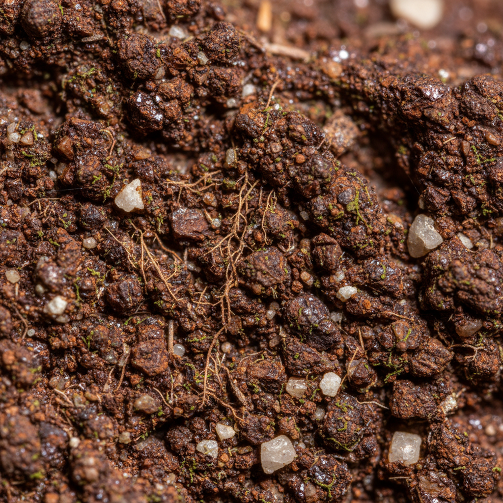 Extreme macro close-up of iron-red Cappadocian volcanic rock face showing individual mineral grains and lichen threads