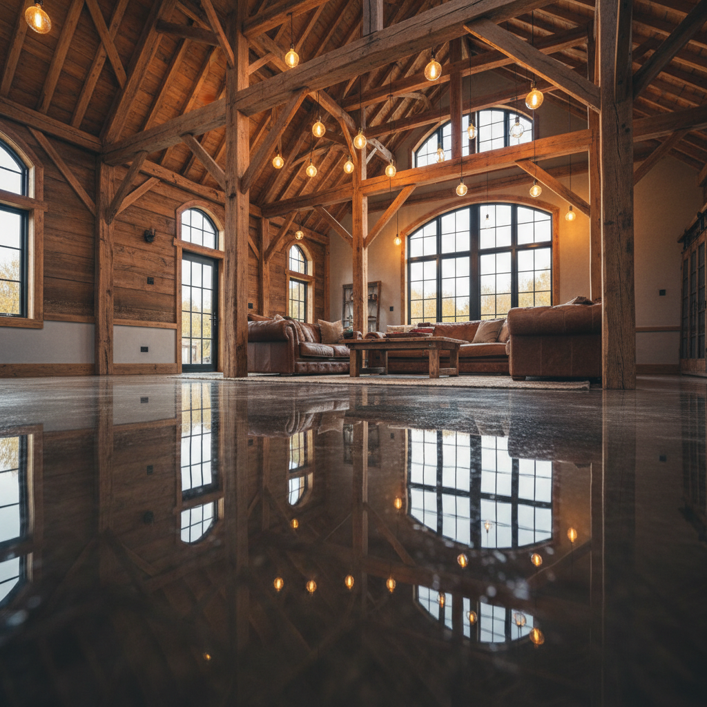 Converted barn interior with mirror-polished concrete floor reflecting exposed beam ceiling and warm Edison lighting