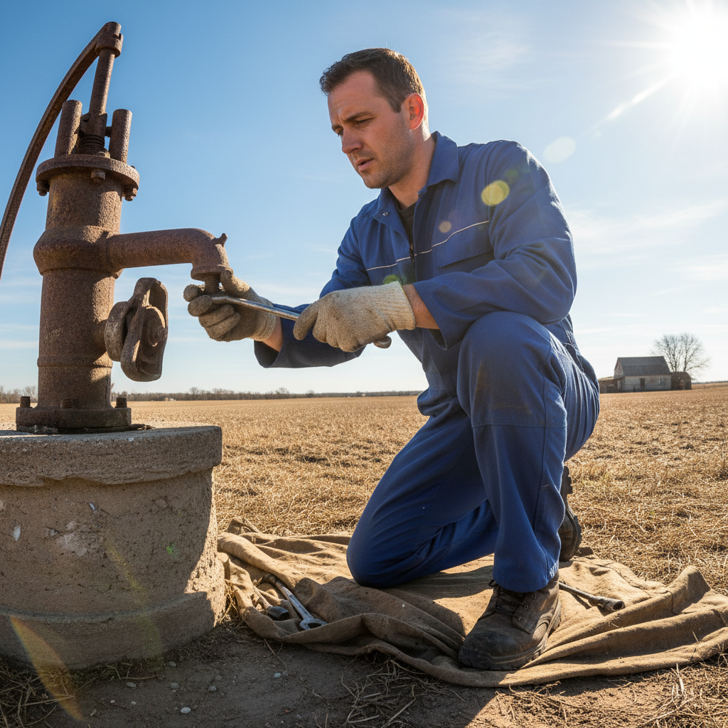 Technician Marcus Webb kneeling beside a well pump in rural Virginia