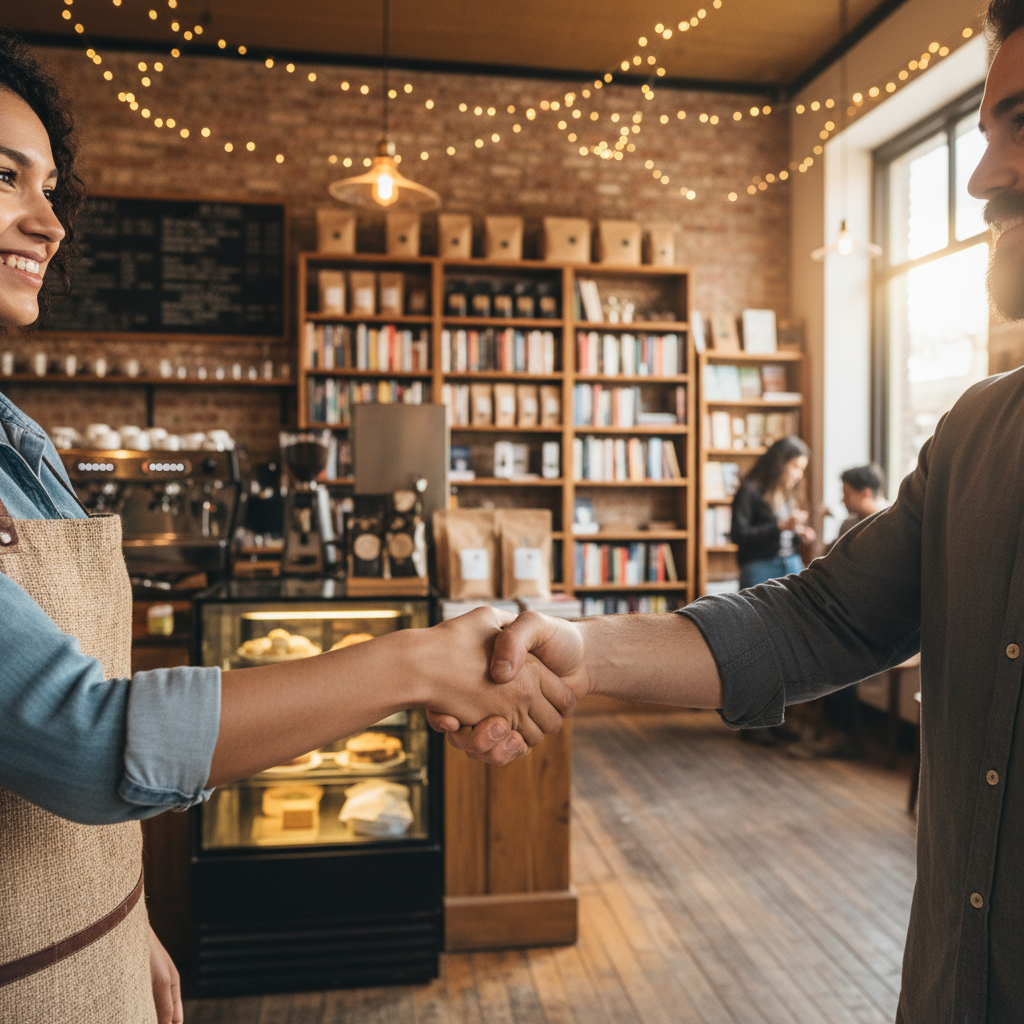 Small business owner smiling in bright modern shop interior with warm ambient lighting