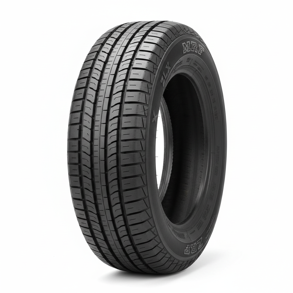 Commercial truck tyre standing upright on a bright white surface, product photography