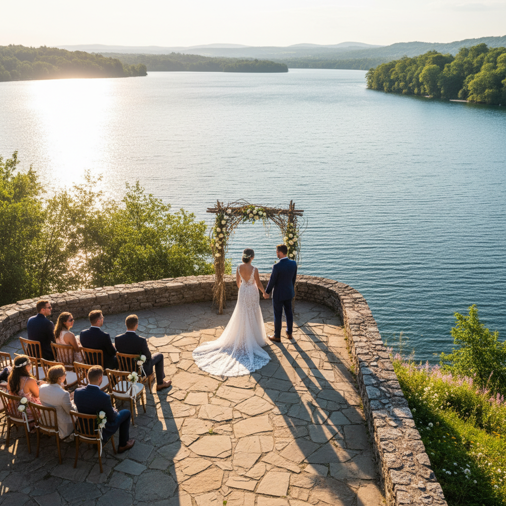 Wedding ceremony on stone terrace point with lake on three sides and golden afternoon light