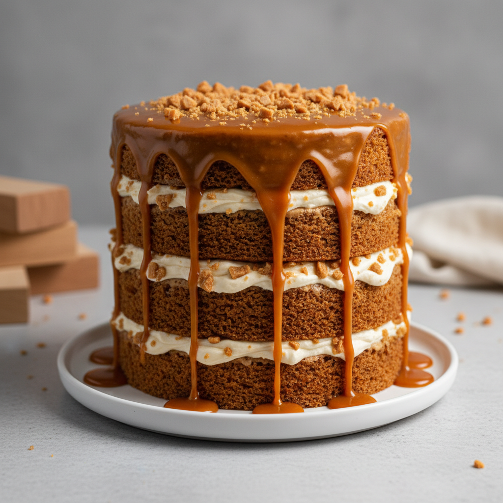 Golden caramel cake slice with salted caramel drizzle and toffee crunch topping on dark wooden surface