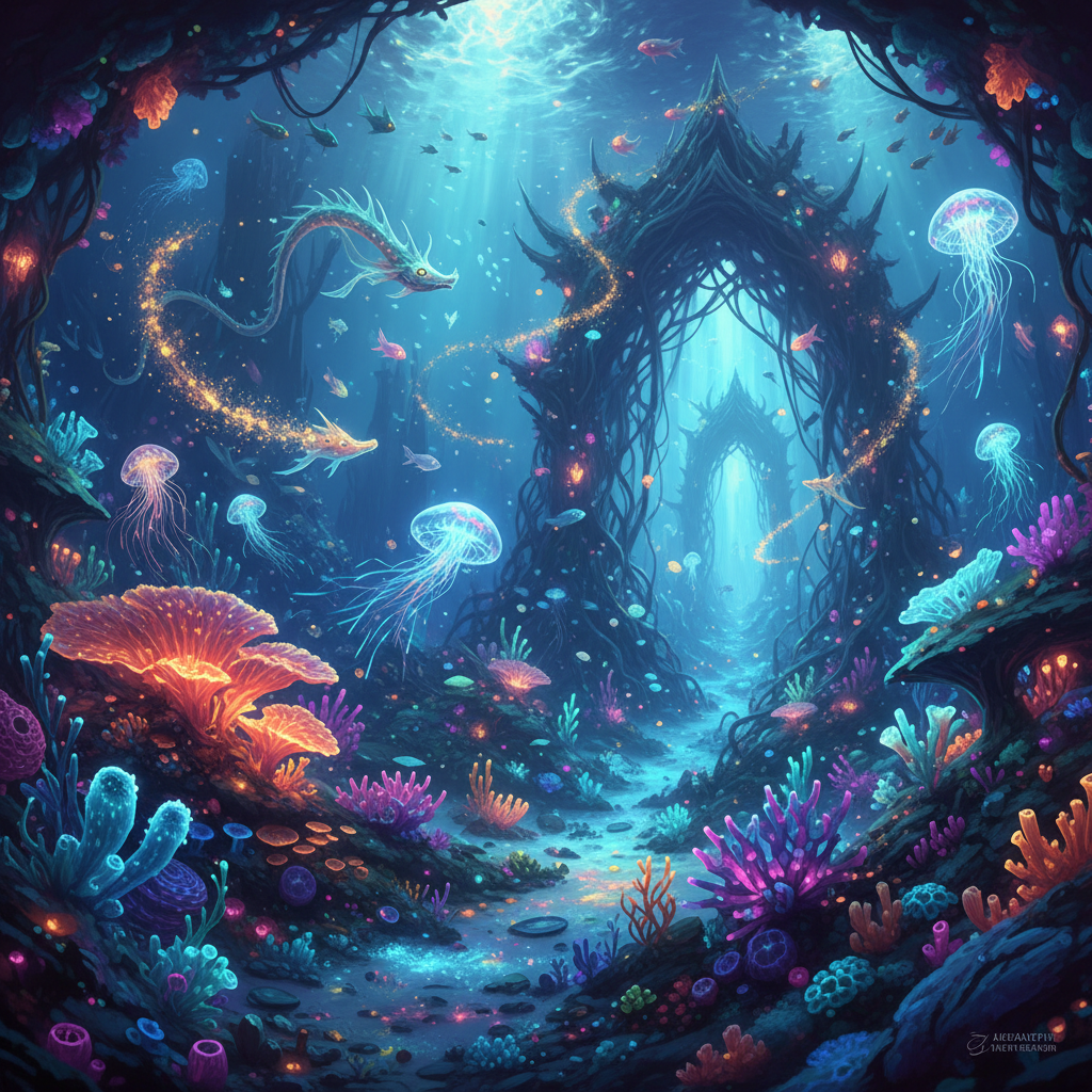 Fantasy underwater world with glowing bioluminescent sea creatures in deep ocean blue