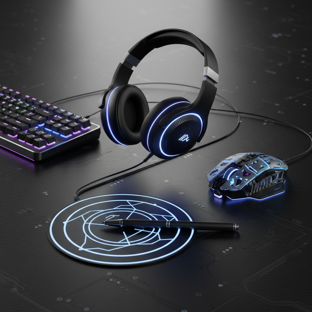 Gaming accessories on dark surface with blue LED ambient lighting