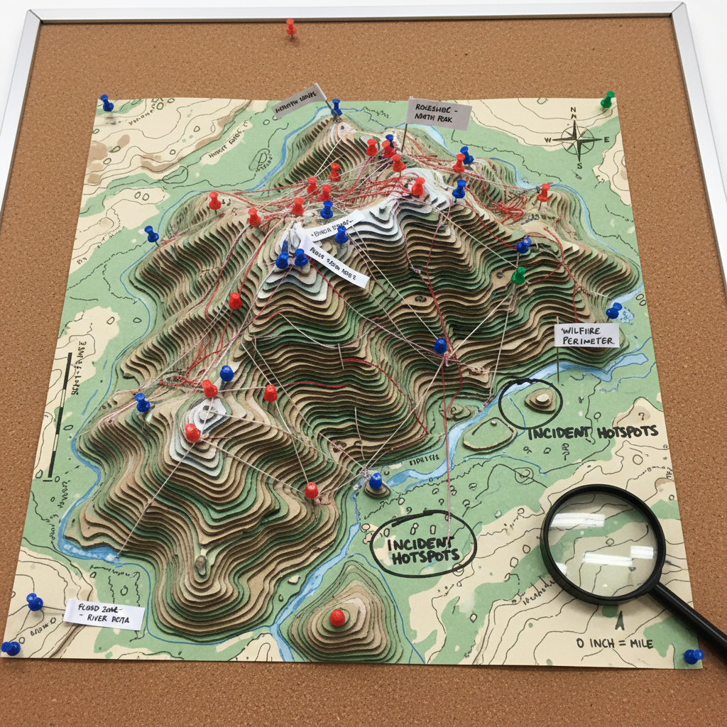 Topographic map with pins and annotations marking incident locations