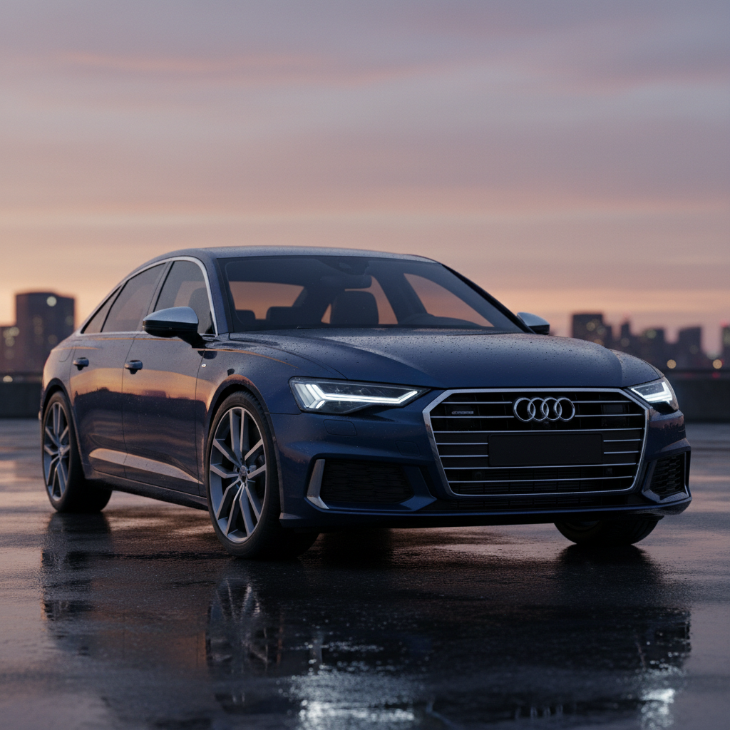 Audi A6 three-quarter front angle on wet asphalt at dusk with studio-grade lighting raking across the shoulder line
