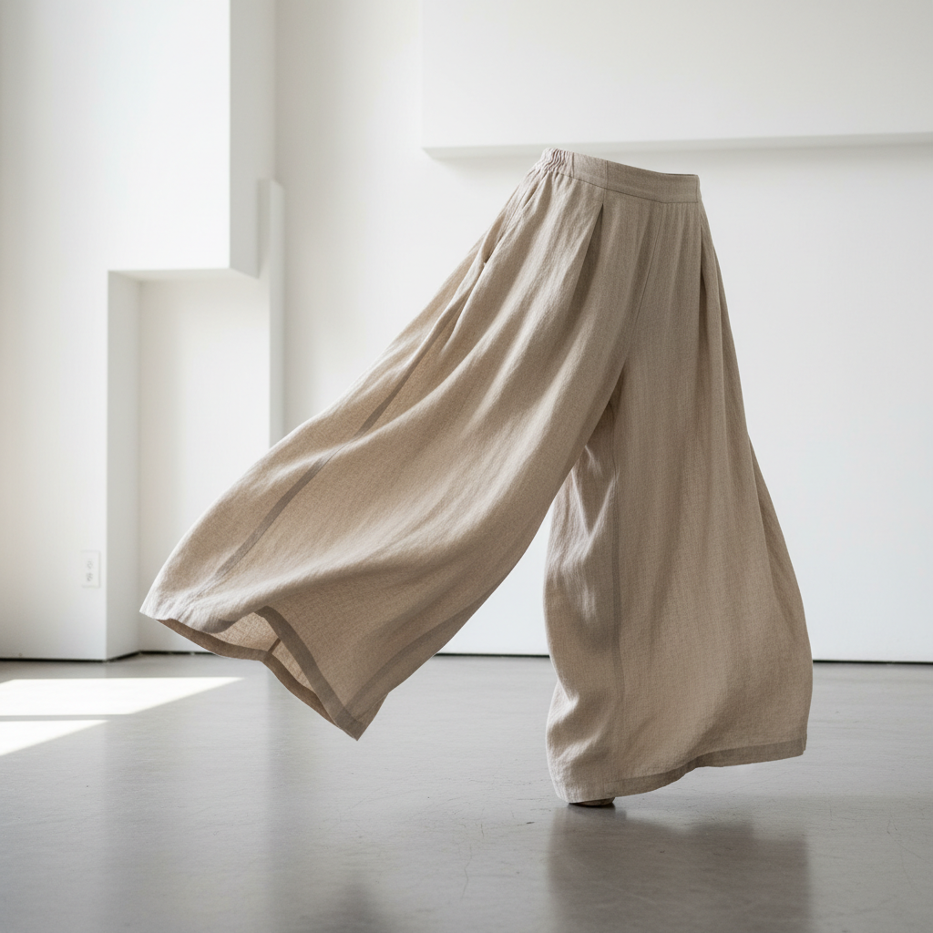 Slate grey silk trousers with wide leg silhouette on clean white background