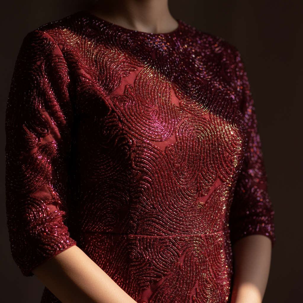 Close-up of a woman's torso in merlot beaded fabric, single directional light raking across the texture