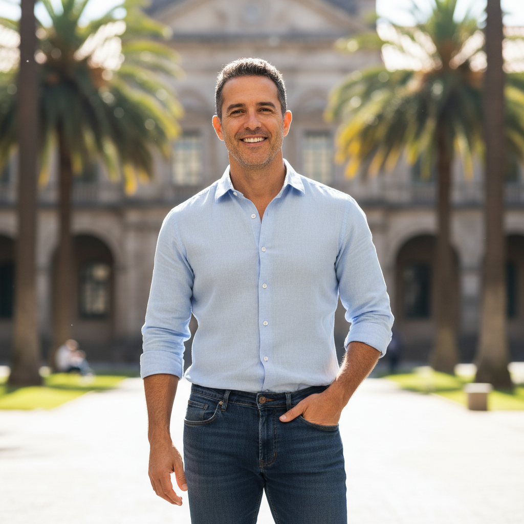Male instructor with warm welcoming smile, tropical outdoor background, casual relaxed coastal vibe