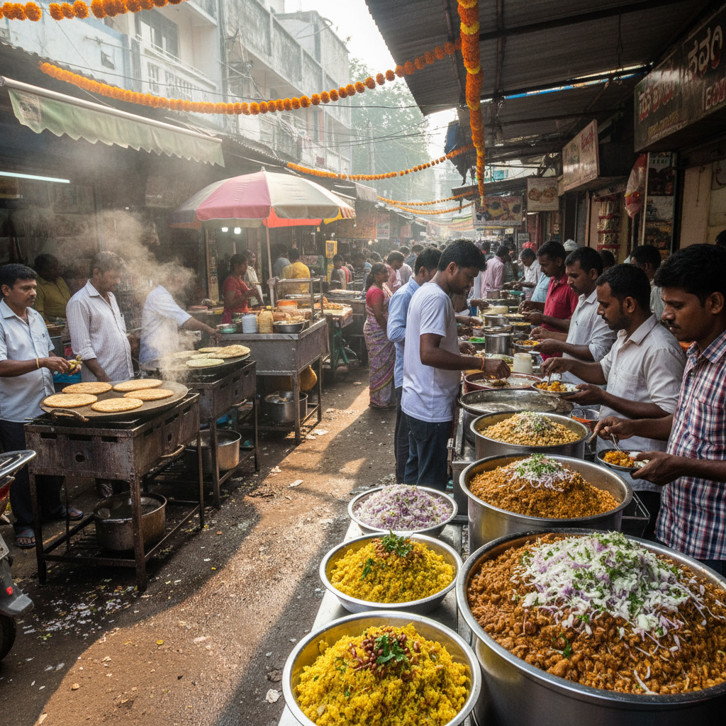 Colourful street food stalls at night with warm yellow lights, crowds of people eating South Indian snacks, busy bazaar atmosphere