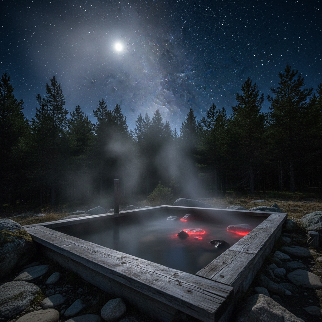 Wooden hot stone bath with steam rising into a clear night sky filled with stars, surrounded by pine forest
