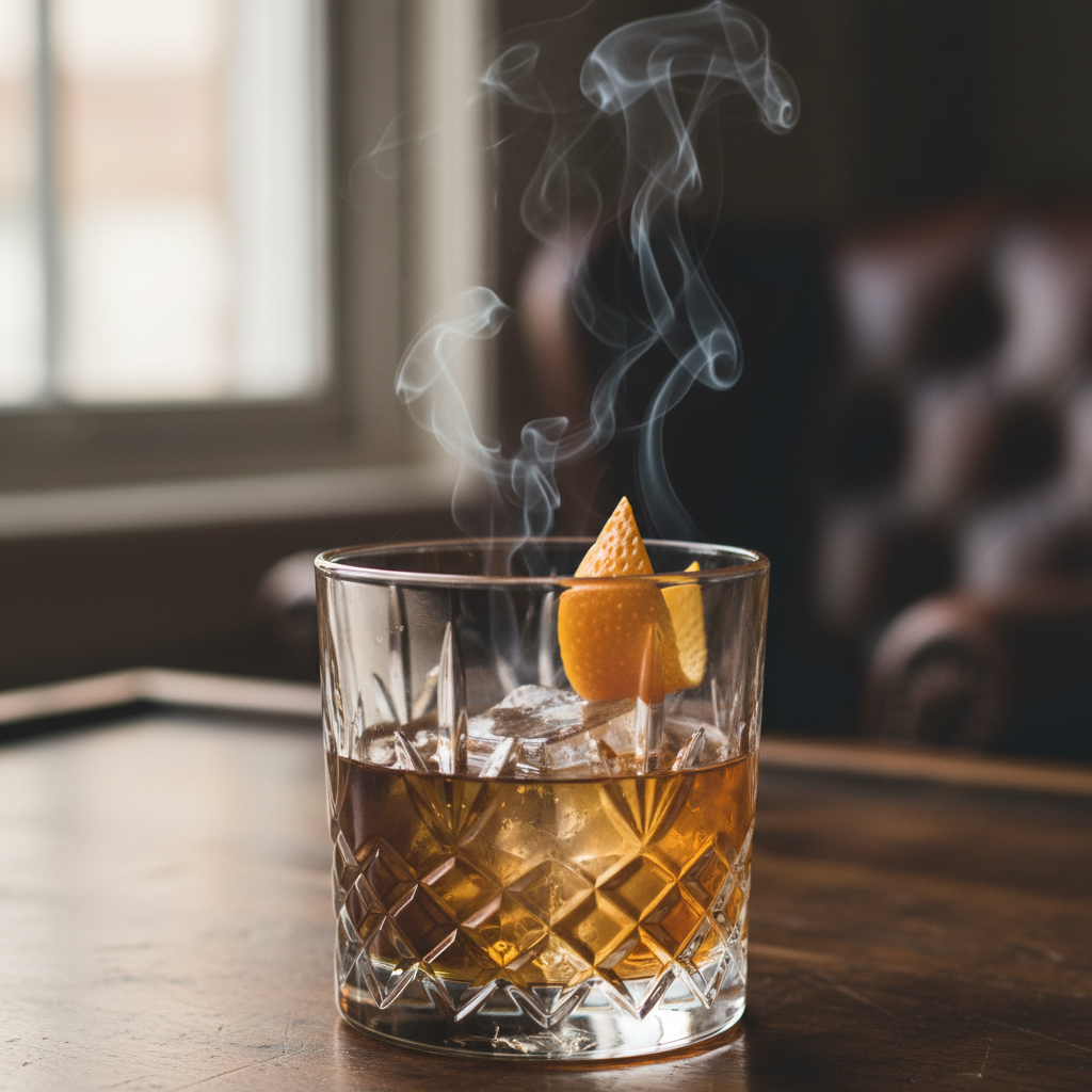 Smoked cocktail in crystal lowball glass with orange peel garnish, dark wood bar, moody candlelight