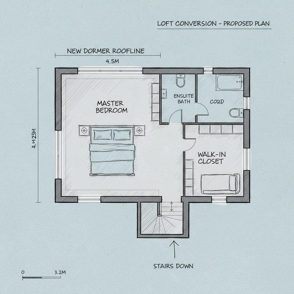 Architectural floorplan drawing of a dormer loft conversion showing bedroom layout with ensuite and dressing area with handwritten annotations