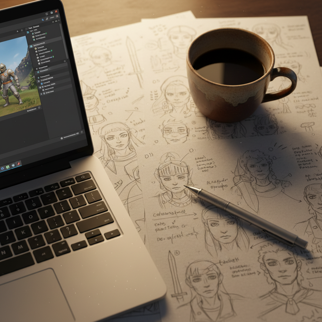 Overhead view of a game designer's desk with hand-drawn character sheets, mechanical pencil mid-stroke, laptop screen showing Unity viewport, and a warm coffee mug casting shadows on paper