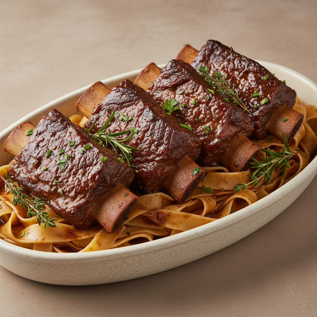 Bone-in short ribs plated on ivory ceramic with pappardelle and garnish of fresh herbs