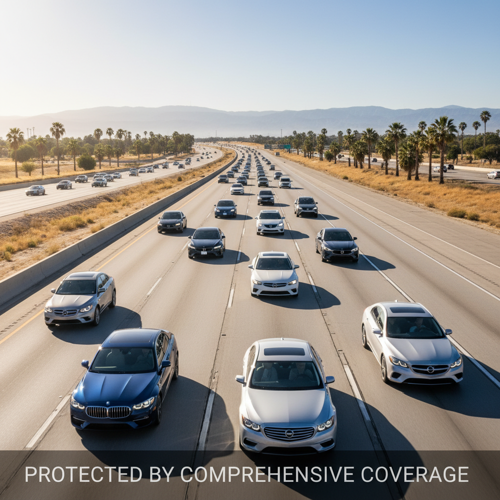 Modern vehicles on a California highway protected by comprehensive auto insurance coverage