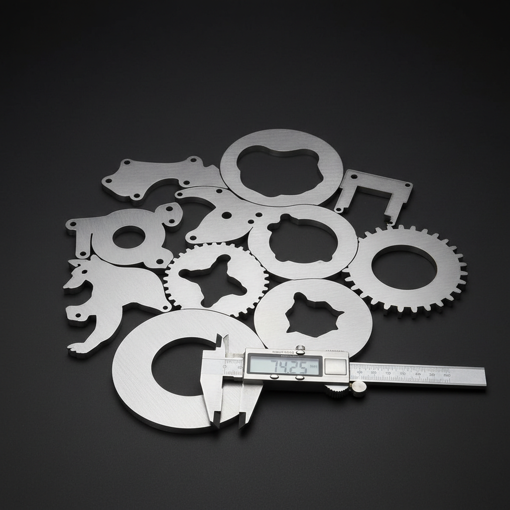Finished laser cut steel parts nested on matte black surface with machinist caliper for scale