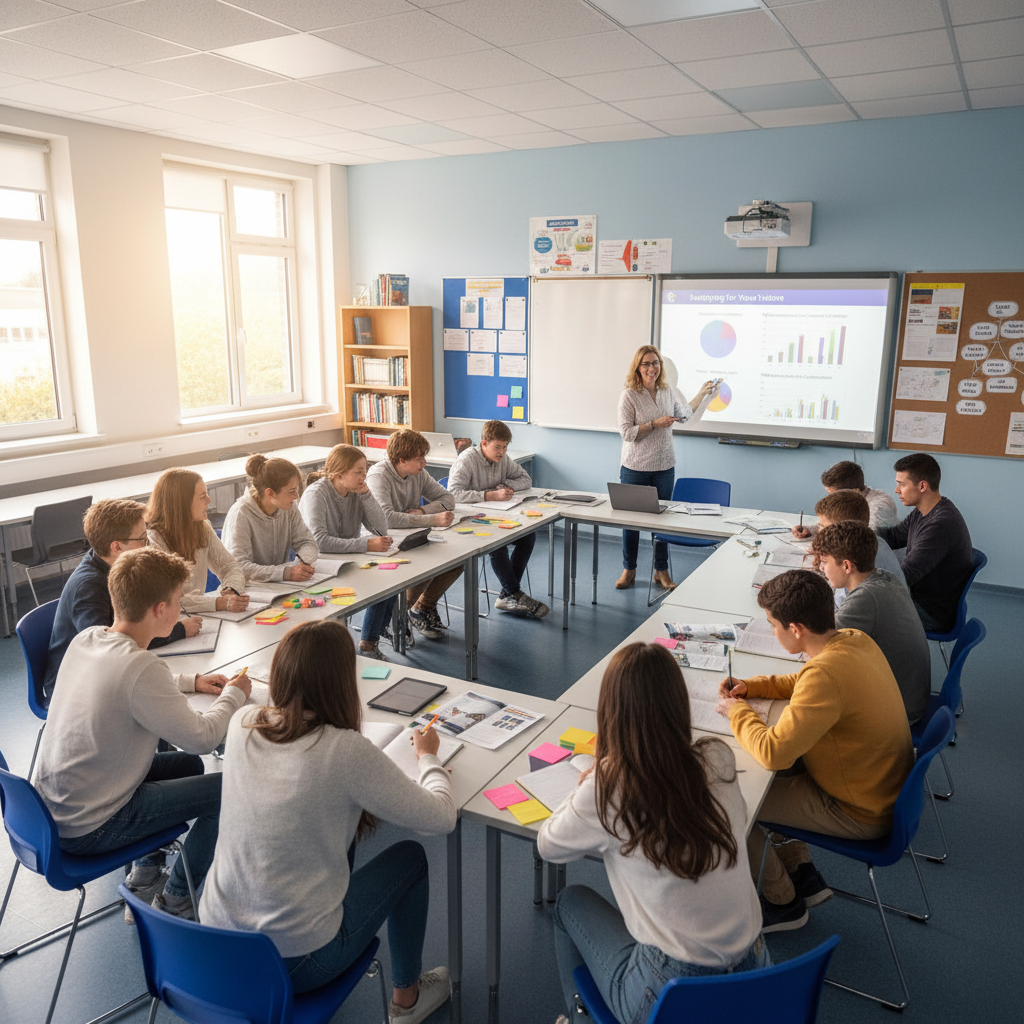 Jóvenes participando en taller sobre finanzas con materiales didácticos coloridos en mesa grupal