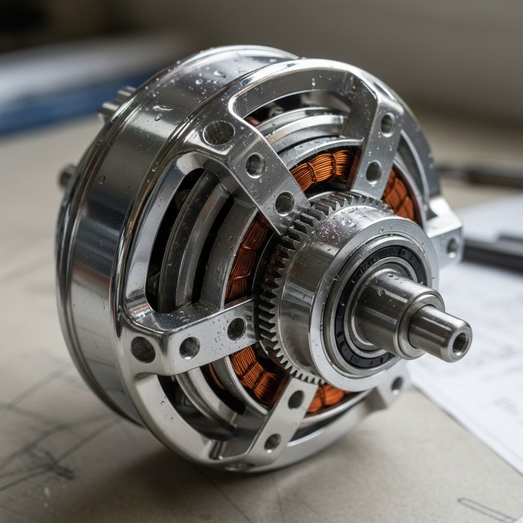 Close-up macro photograph of an electric motor hub with chrome finish and precision engineering