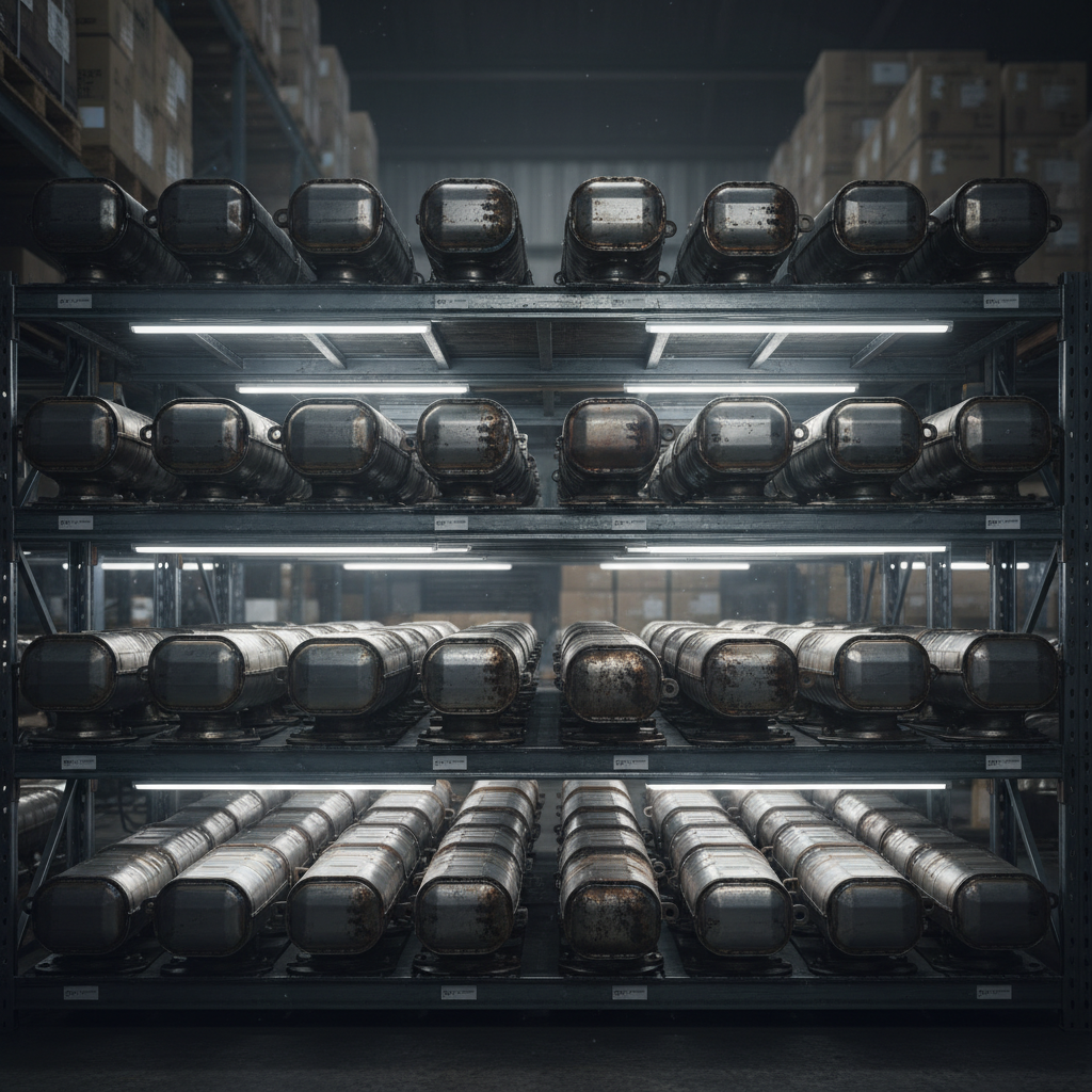 Catalytic converter on dark industrial surface with overhead spotlight