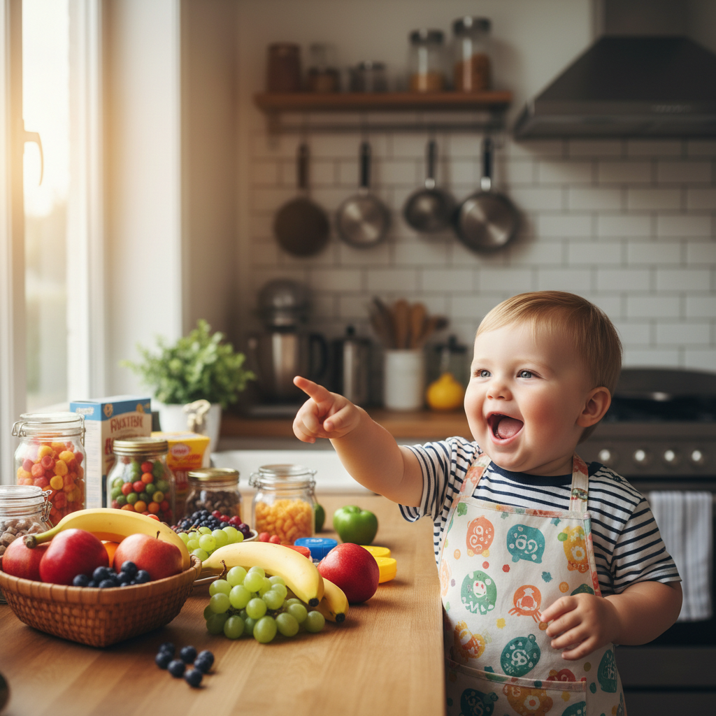 Happy toddler singing and pointing to food items in the kitchen, parent laughing