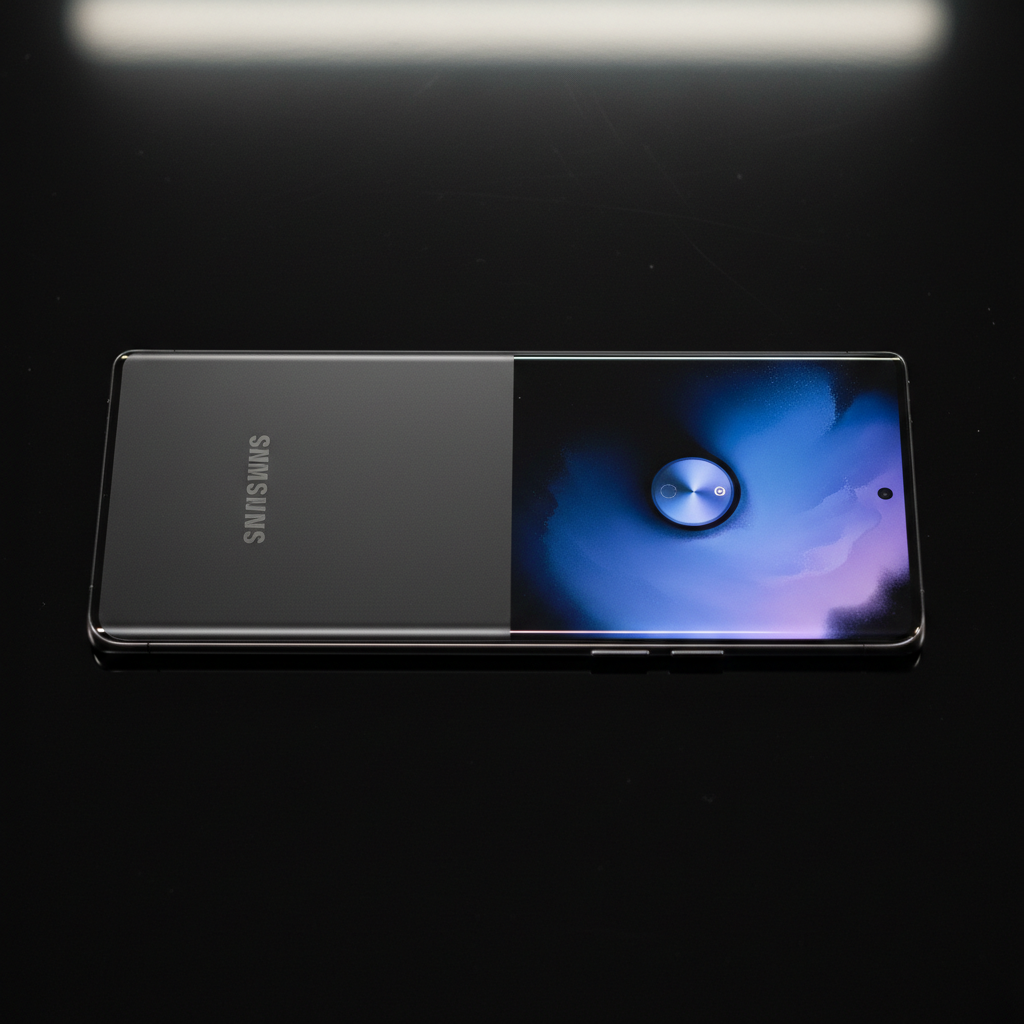 Minimal dark phone mockup display with deep black background and subtle purple gradient glow, low-key studio lighting