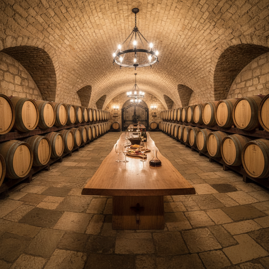Stellenbosch wine estate tasting room with oak barrels and mountain views through arched windows