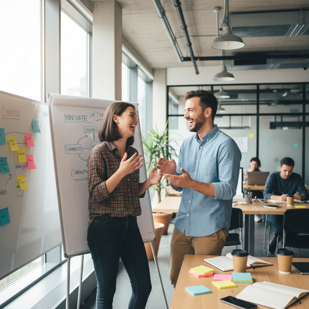 Two colleagues having a friendly casual conversation by a coffee machine in a bright modern office