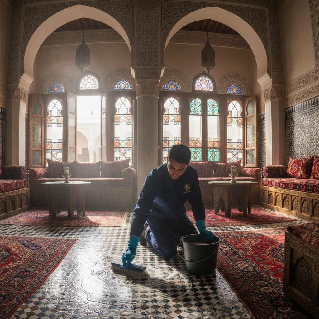 Professional house cleaning team preparing a beautifully decorated home for Ramadan