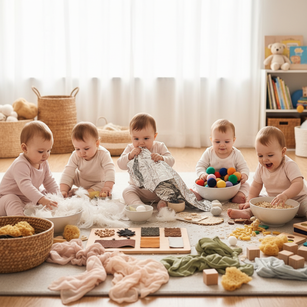 Circle of parents and babies sitting on a play mat in a bright living room