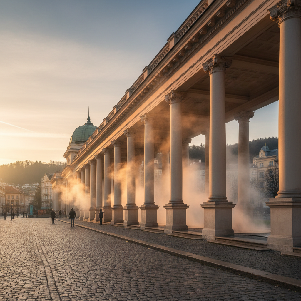Karlovy Vary colonnade at twilight, ornate pillars, misty mineral springs, amber glow