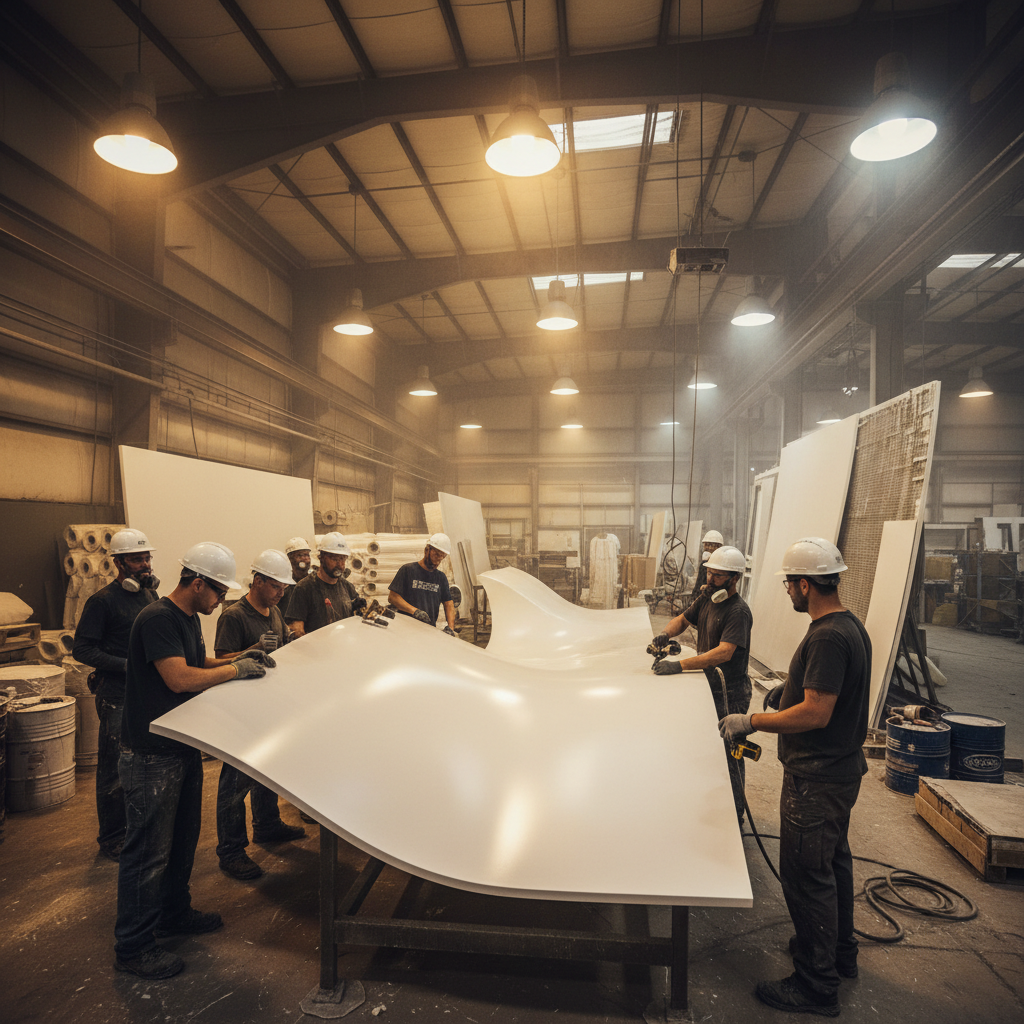 Architectural fiberglass fabrication team working on large custom elements in production facility, warm industrial lighting, professional environment
