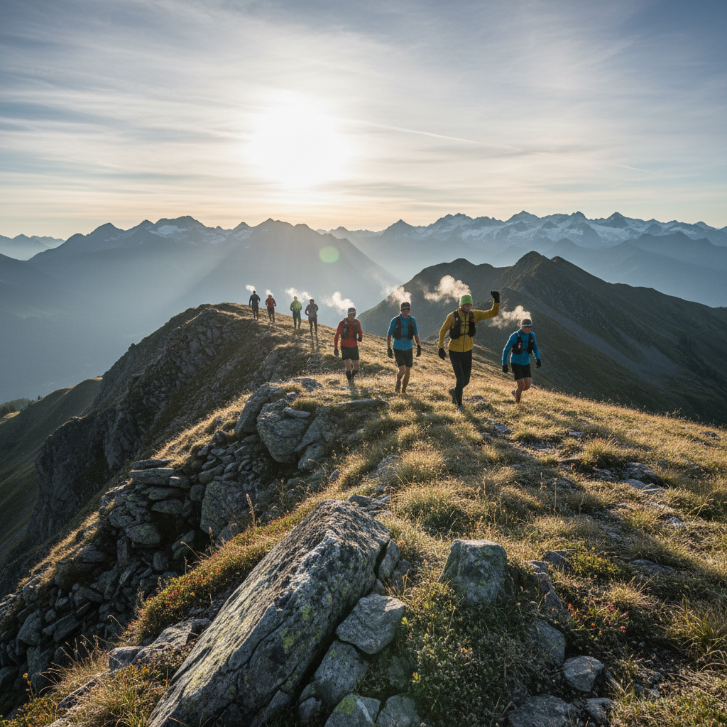 Pack of ultrarunners cresting a ridgeline in alpine meadow, breath visible in cold morning air