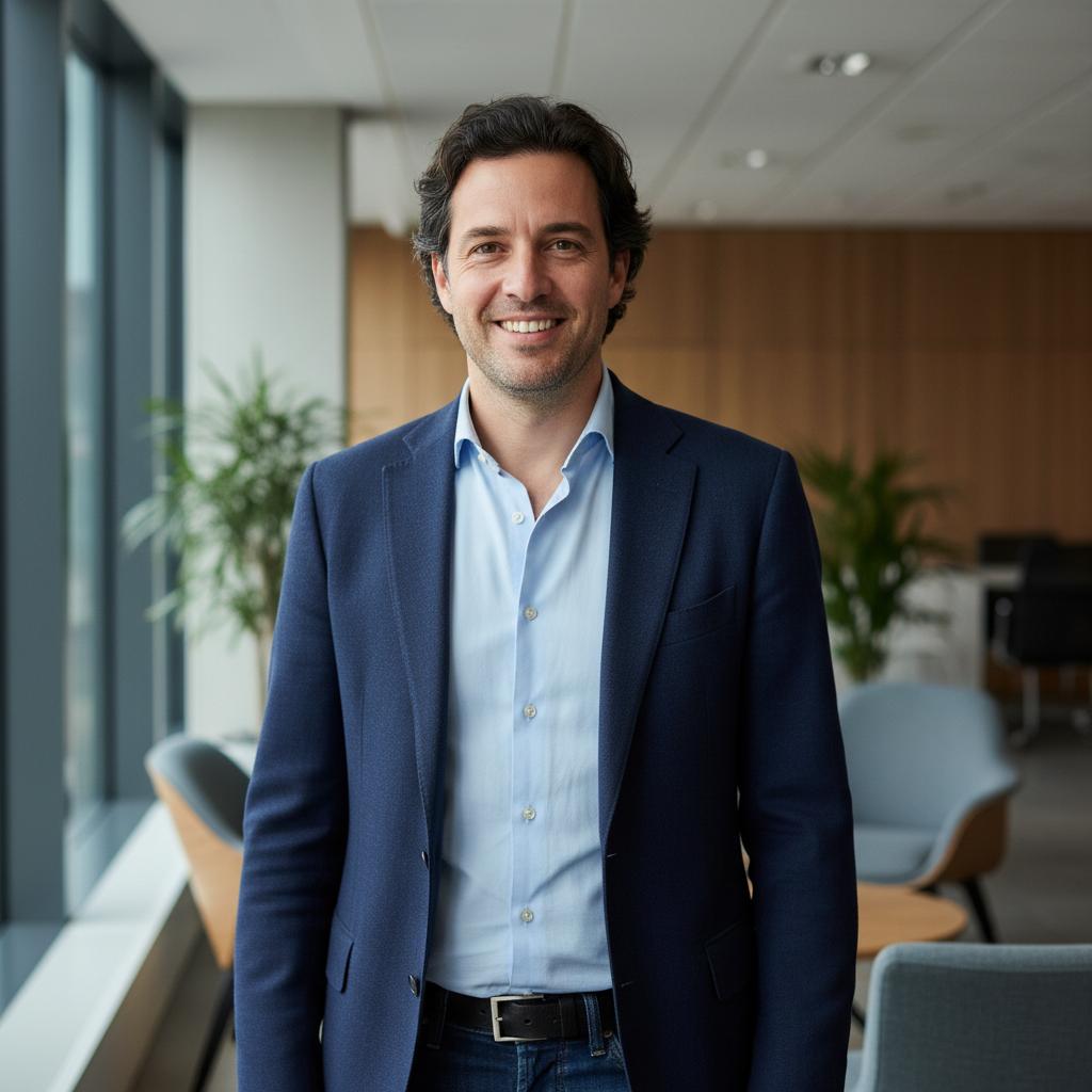 Man in light blue shirt, professional office setting, warm light