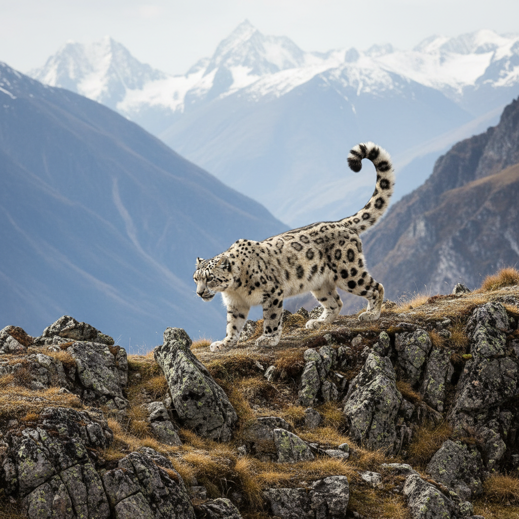 Snow leopard walking across rocky mountain ridge with snow-capped peaks behind