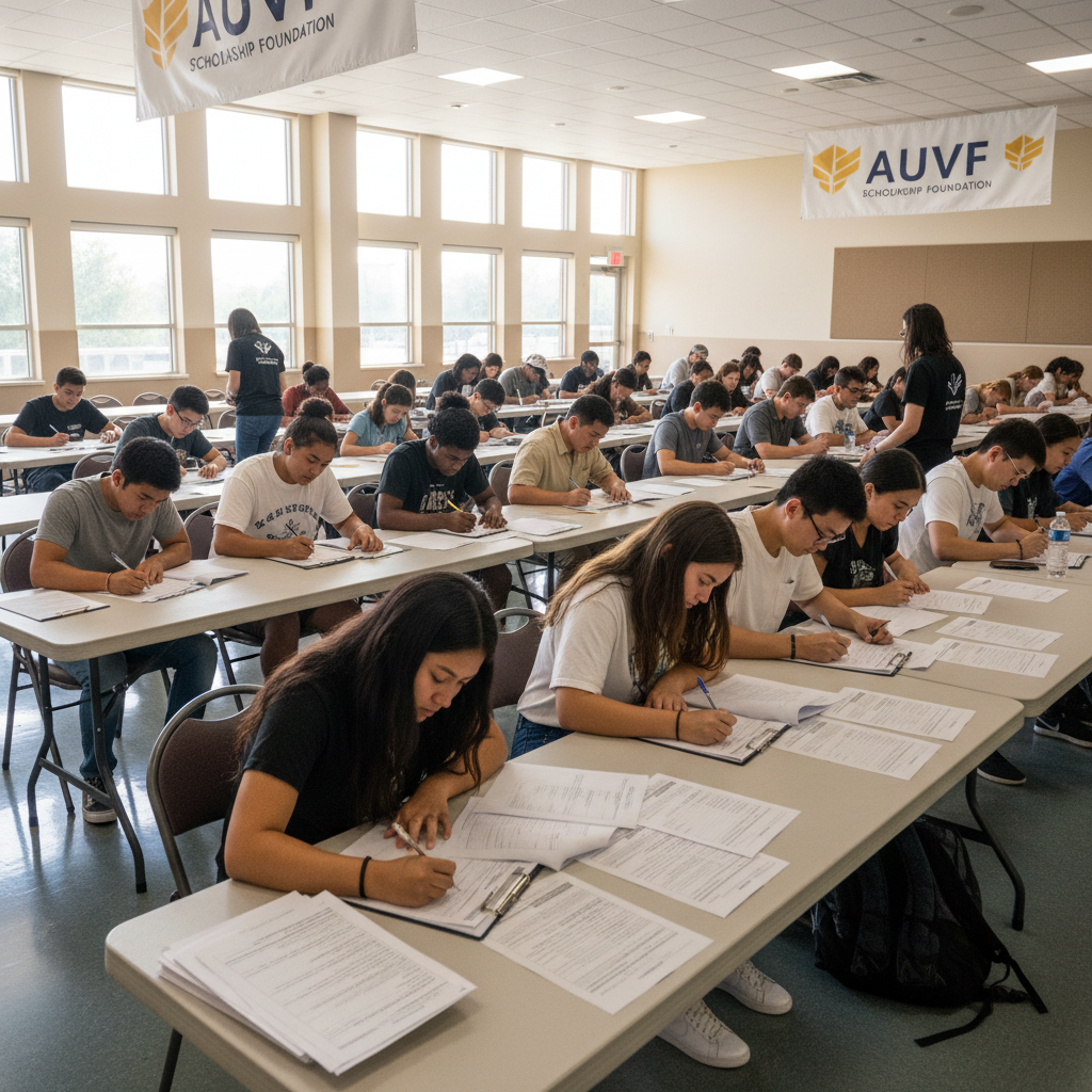 AUVF scholarship application day with students filling forms at tables in a community center