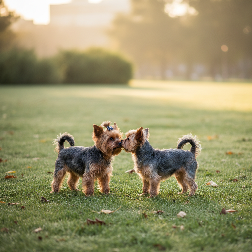 Two Yorkies sniffing each other during a morning meet-and-greet in the park