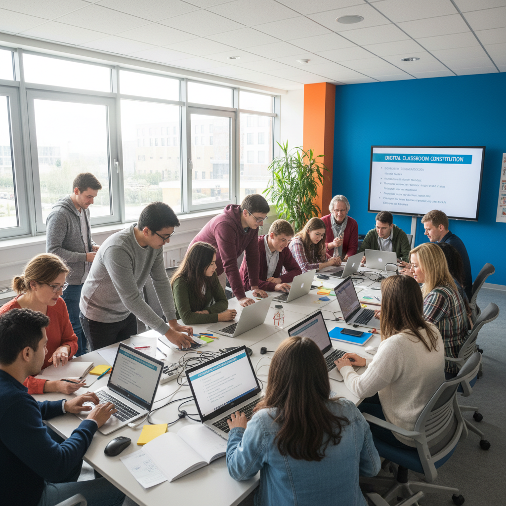 Students collaborating and learning together in a modern classroom environment