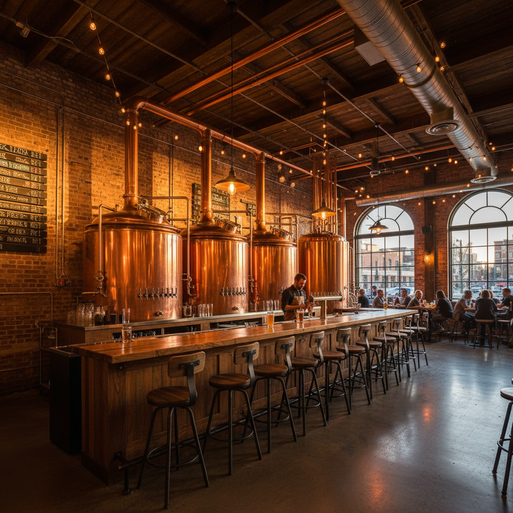 Craft brewery taproom with copper brewing tanks and bar stools