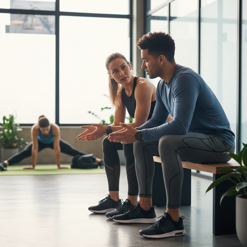 Two fitness professionals having a deep one-on-one conversation