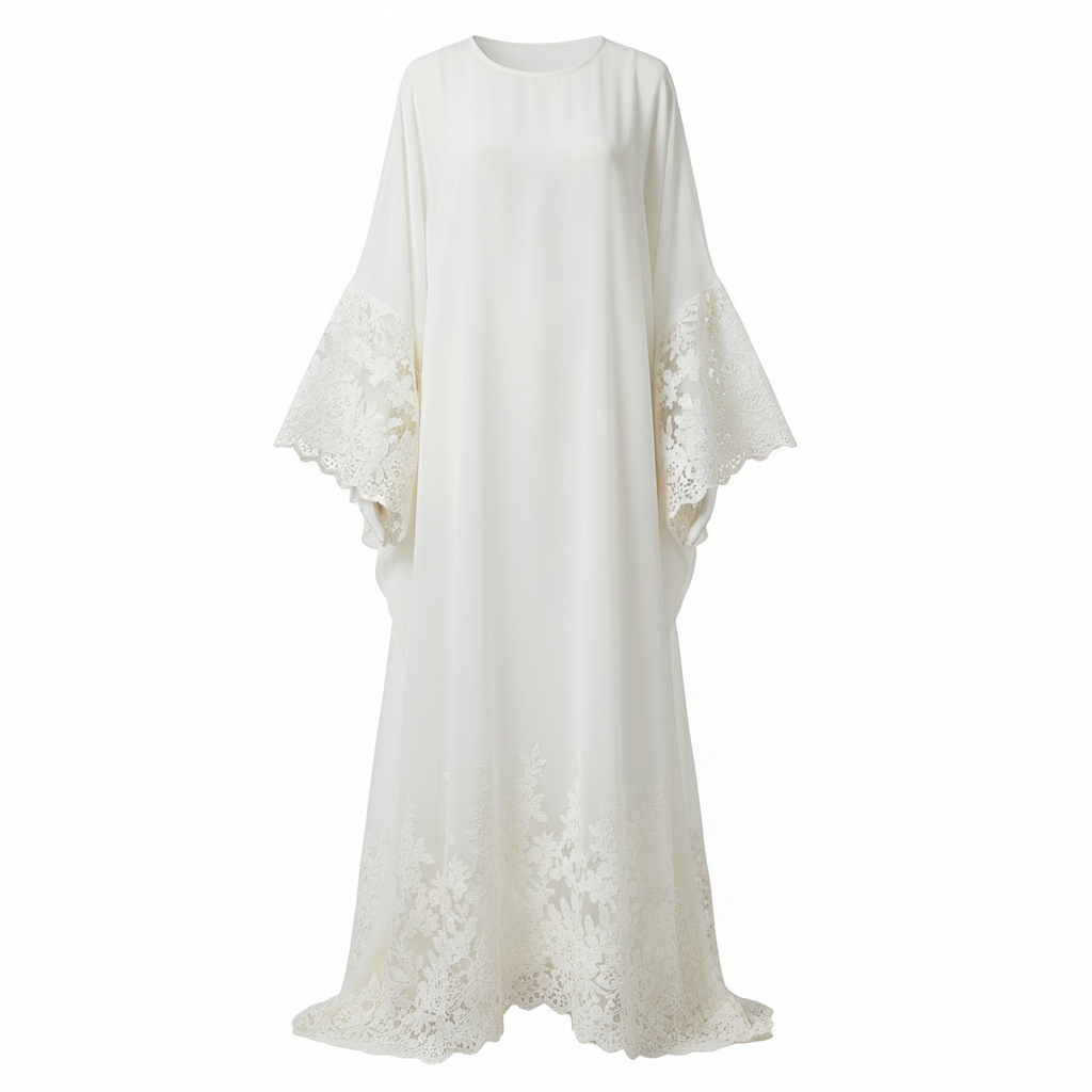 Blush pink chiffon abaya with flutter sleeves, feminine editorial styling