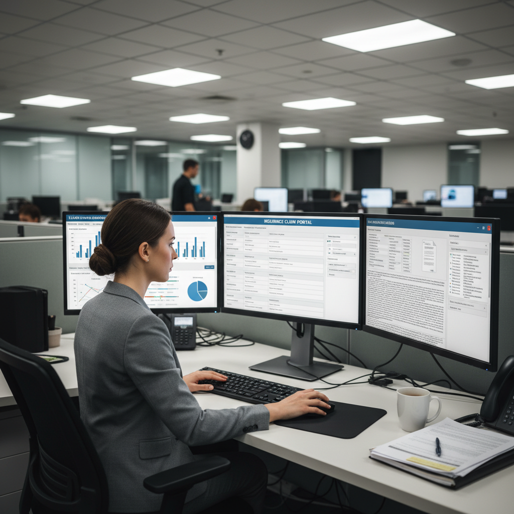 Denial analyst woman at desk with three monitors showing insurance portal and claim status dashboard